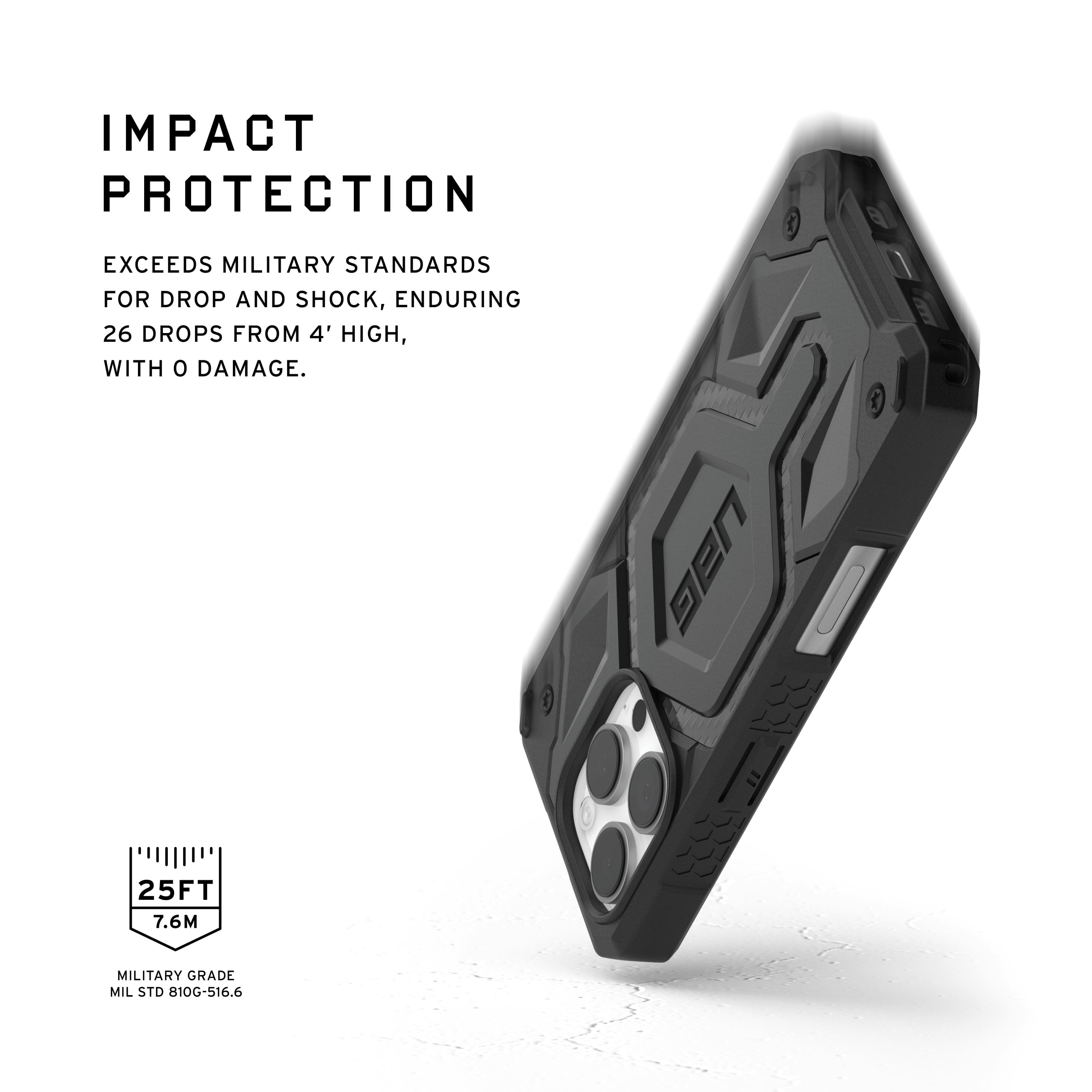 The image features a close-up of a cell phone case that is advertised as having impact protection. The case is designed to exceed military standards for drop and shock, ensuring that it can endure 26 drops from a 4-foot high, with no damage. The case is made of military-grade materials and is rated at 25 feet (7.6 meters) according to the Military Standard 810G-516.6.
