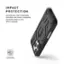 The image features a close-up of a cell phone case that is advertised as having impact protection. The case is designed to exceed military standards for drop and shock, ensuring that it can endure 26 drops from a 4-foot high, with no damage. The case is made of military-grade materials and is rated at 25 feet (7.6 meters) according to the Military Standard 810G-516.6.