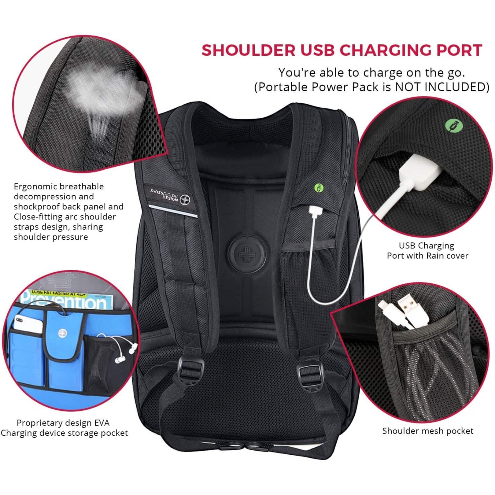 SHOULDER USB CHARGING PORT You're able to charge on the go. (Portable Power Pack is NOT INCLUDED) Ergonomic breathable decompression and shockproof back panel and Close-fitting arc shoulder straps design, sharing shoulder pressure SWIERDICITAL DESIGN 6 USB Charging Port with Rain cover LUA HAI PASISN Prevention Proprietary design EVA Charging device storage pocket Shoulder mesh pocket