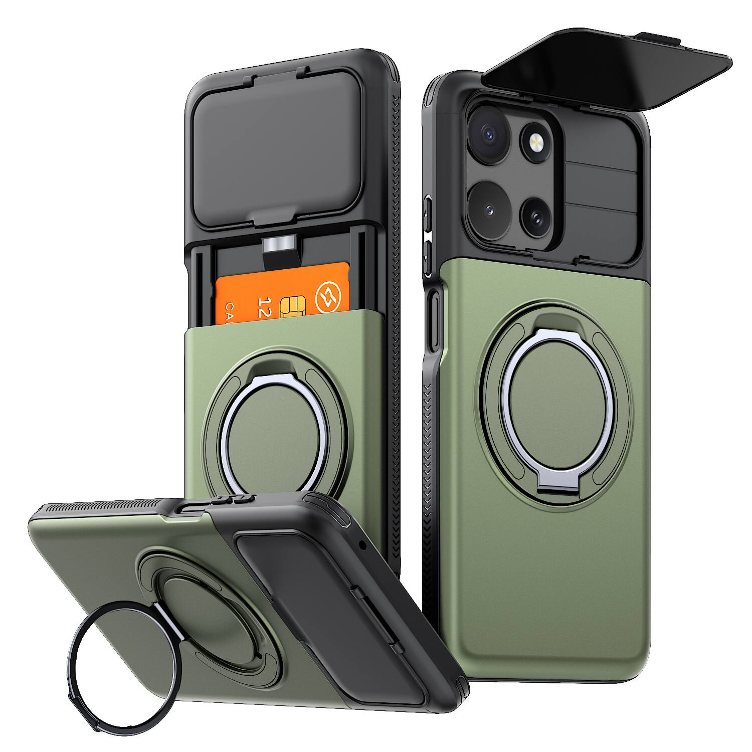 Front. Dteck - for Motorola G 5G (2026) Rugged Case with Card Holder, Flip Camera Cover Magnetic Rotatable Ring Stand - Green.