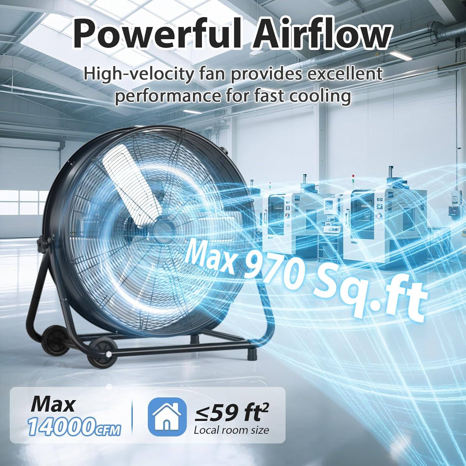 Powerful Airflow  
High-velocity fan provides excellent performance for fast cooling  

Max 970 Sq.ft  

Max 14000 CFM  

≤59 ft² Local room size