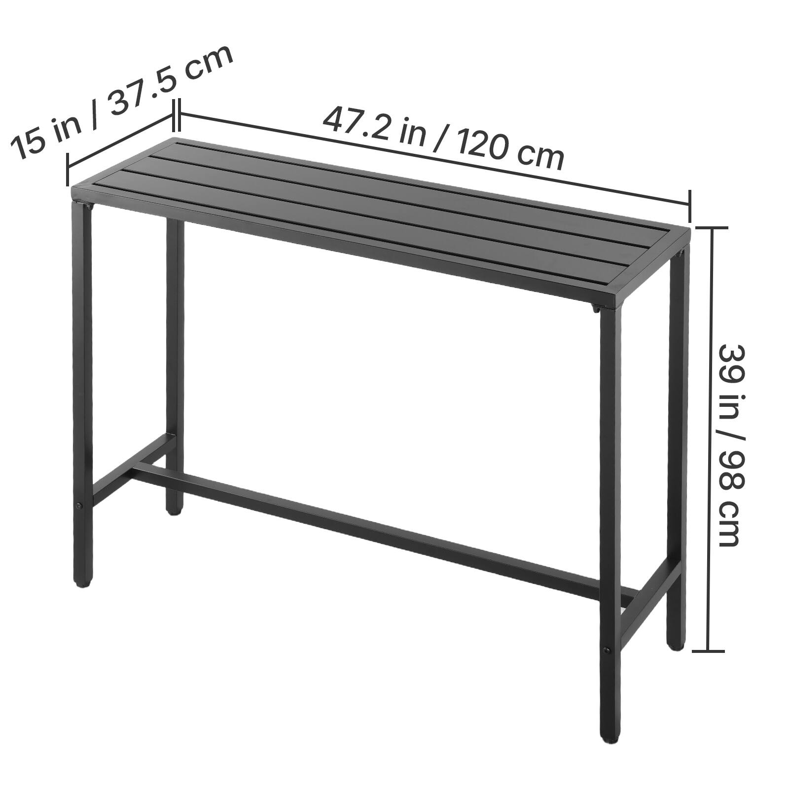 - Length: 47.2 in / 120 cm
- Width: 15 in / 37.5 cm
- Height: 39 in / 98 cm