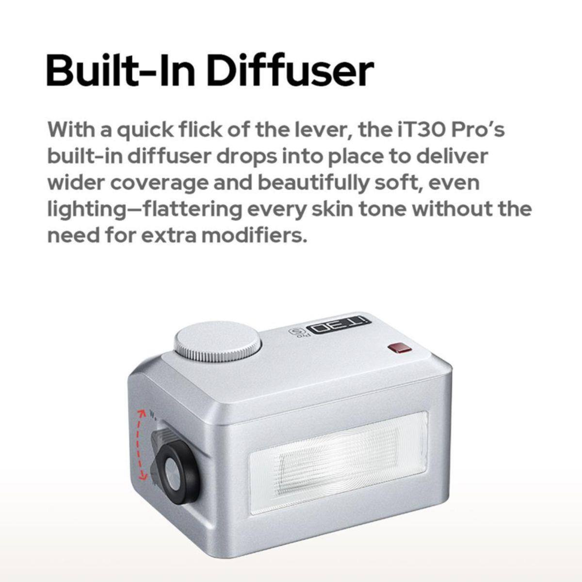 Built-In Diffuser

With a quick flick of the lever, the iT30 Pro's built-in diffuser drops into place to deliver wider coverage and beautifully soft, even lighting—flattering every skin tone without the need for extra modifiers.