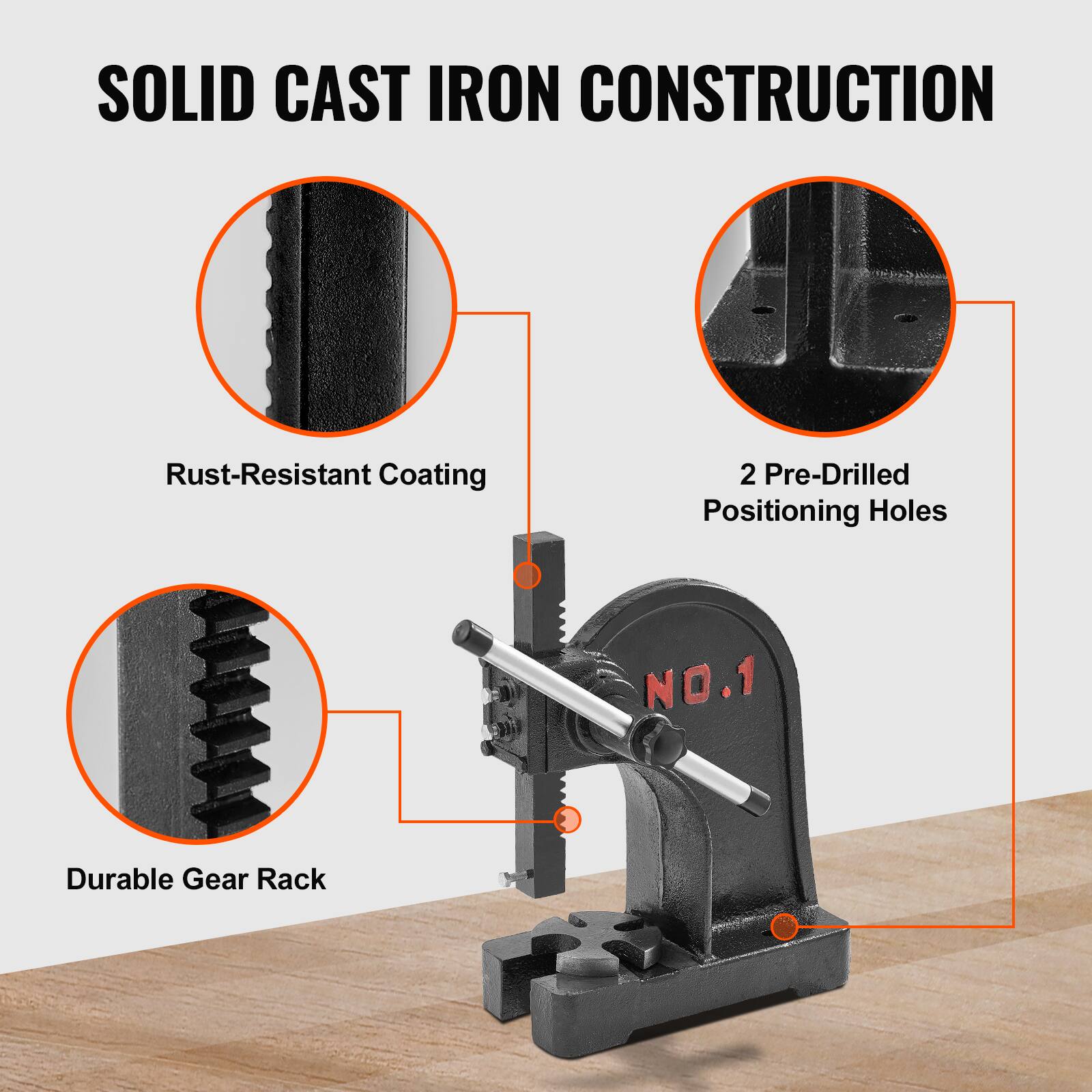 SOLID CAST IRON CONSTRUCTION

- Rust-Resistant Coating
- 2 Pre-Drilled Positioning Holes
- Durable Gear Rack
