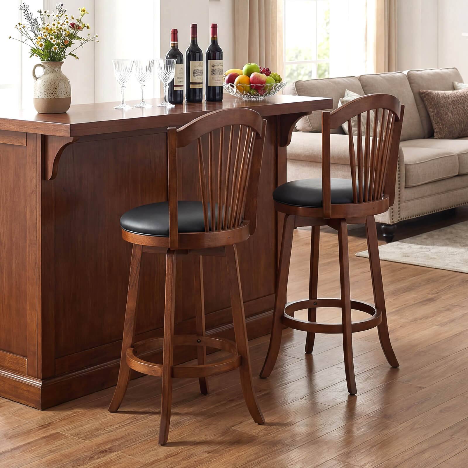 Alt View 1. Costway - Costway Swivel Bar Stools Set of 2, 31" Bar Height Barstools with Backrests & Wood Frame - Expresso,Black.