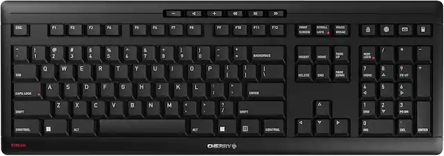 - A + 44 D ESC F1 F2 F3 F4 F5 F6 F7 F8 F9 F10 F11 F12 PRINT SCREEN SCROLL LOCK PAUSE BREAK - ! 1 2 # 3 $ 4 % 5 A 6 & 7 8 I 9 I 0 - - + = BACKSPACE INSERT HOME PAGE UP NUM LOCK / * I TAB Q W E R T Y U I 0 P { [ } I I / DELETE END PAGE DOWN 7 HOME 8 9 PC UP + CAPS LOCK A S D F G H J K L : ; ENTER 4 5 6 D SHIFT Z X C V B N M V > ? / SHIFT 1 END 2 3 PG DN CONTROL ALT ALT CONTROL 0 INS DEL ENTER STREAM CHERRY
