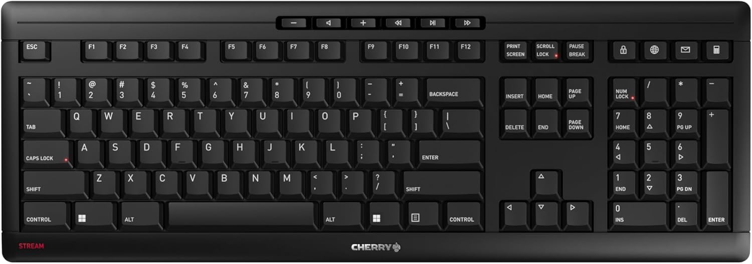 - A + 44  D ESC F1 F2 F3 F4 F5 F6 F7 F8 F9 F10 F11 F12 PRINT SCREEN SCROLL LOCK PAUSE BREAK - ! 1 2 # 3 $ 4 % 5 A 6 & 7 8 I 9 I 0 - - + = BACKSPACE INSERT HOME PAGE UP NUM LOCK / * I TAB Q W E R T Y U I 0 P { [ } I I / DELETE END PAGE DOWN 7 HOME 8 9 PC UP + CAPS LOCK A S D F G H J K L : ; ENTER 4  5 6 D SHIFT Z X C V B N M V > ? / SHIFT 1 END 2 3 PG DN CONTROL ALT ALT CONTROL 0 INS DEL ENTER STREAM CHERRY