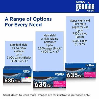 **Brother Genuine Ink & Toner**

**A Range of Options For Every Need**

- **Standard Yield**
  - An everyday essential
  - Up to 3,000 pages (Black)
  - 1,800 (C, M, Y)

- **High Yield**
  - A high-volume performer
  - Up to 5,500 pages (Black)
  - 4,500 (C, M, Y)

- **Super High Yield**
  - Print more pages for less
  - Up to 7,500 pages (Black)
  - 6,500 pages (C, M, Y)

**Brother 635 3**  
**Brother 635 XXL**  
**Brother 635L**

*Scroll down to learn more. Images are for illustrative purposes only.*