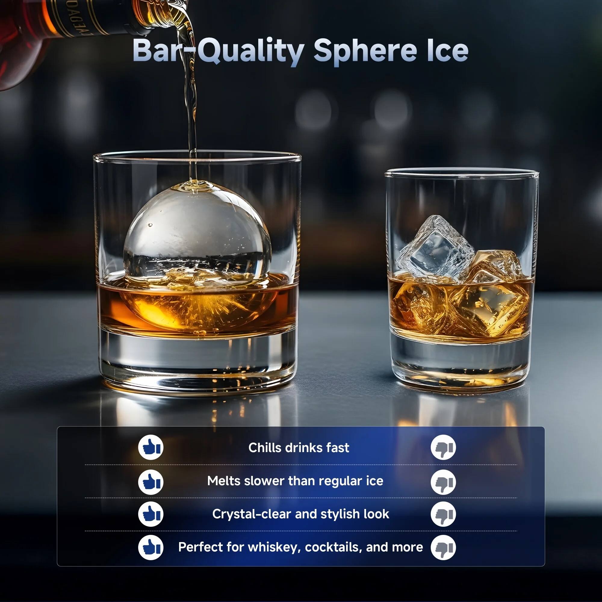 Bar-Quality Sphere Ice

- Chills drinks fast
- Melts slower than regular ice
- Crystal-clear and stylish look
- Perfect for whiskey, cocktails, and more