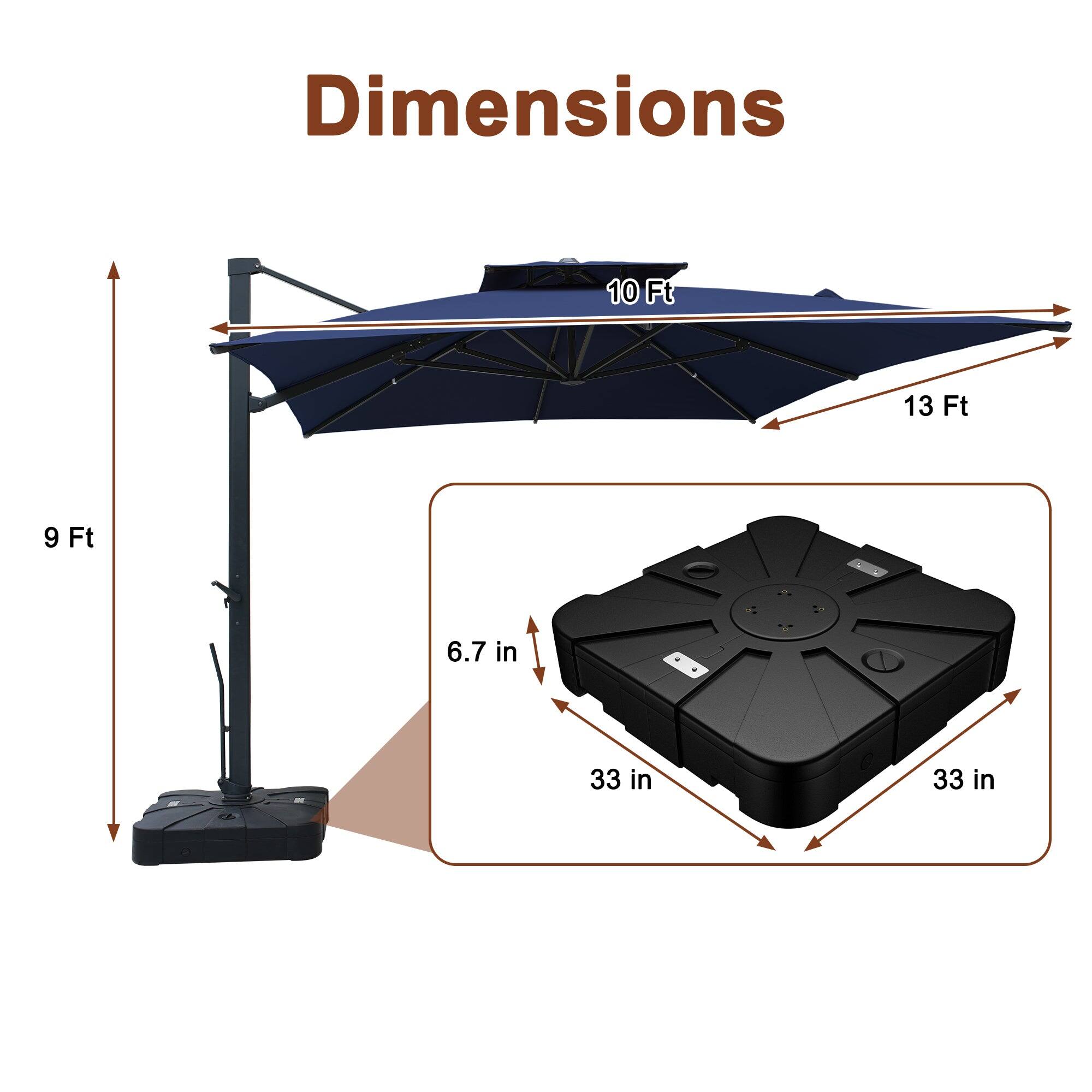 Dimensions:  
- 10 Ft  
- 13 Ft  
- 9 Ft  
- 6.7 in  
- 33 in  
- 33 in