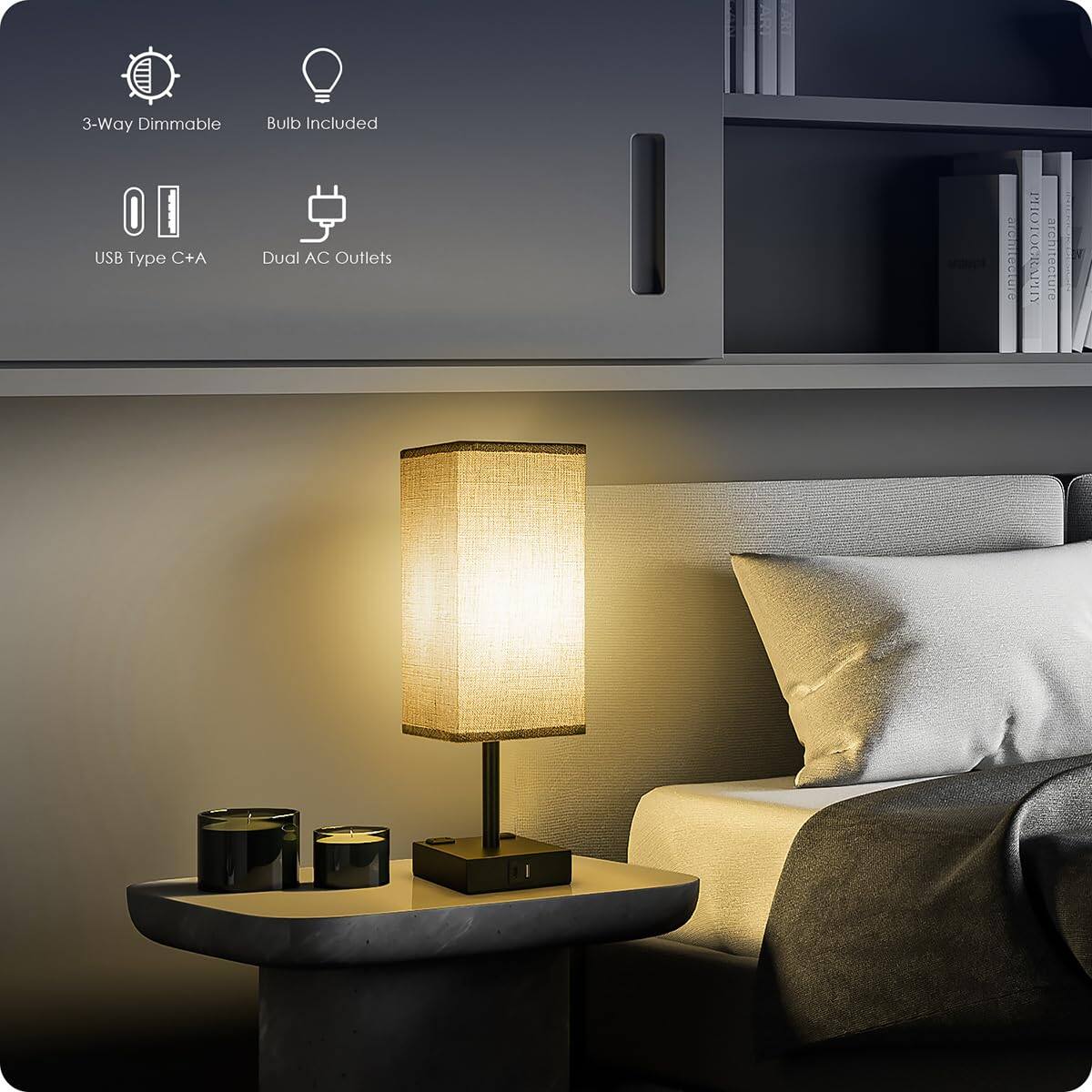 ART  
3-Way Dimmable  
USB Type C+A  
Dual AC Outlets  
Bulb Included  

ARCHITECTURE  
PHOTOGRAPHY