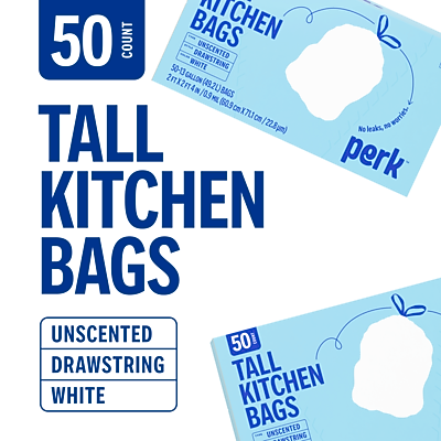 50 COUNT KITCHEN BAGS  
TALL KITCHEN BAGS  
UNSCENTED  
DRAWSTRING  
WHITE  
20 TALL KITCHEN BAGS  
UNSCENTED  
DRAWSTRING  
50 BAGS  
27 INCHES TALL X 22 INCHES WIDE (68.5 CM X 55.8 CM)  
50.9 LITERS (13.5 GALLONS)  
NO LEAKS, NO WORRIES  
PERK