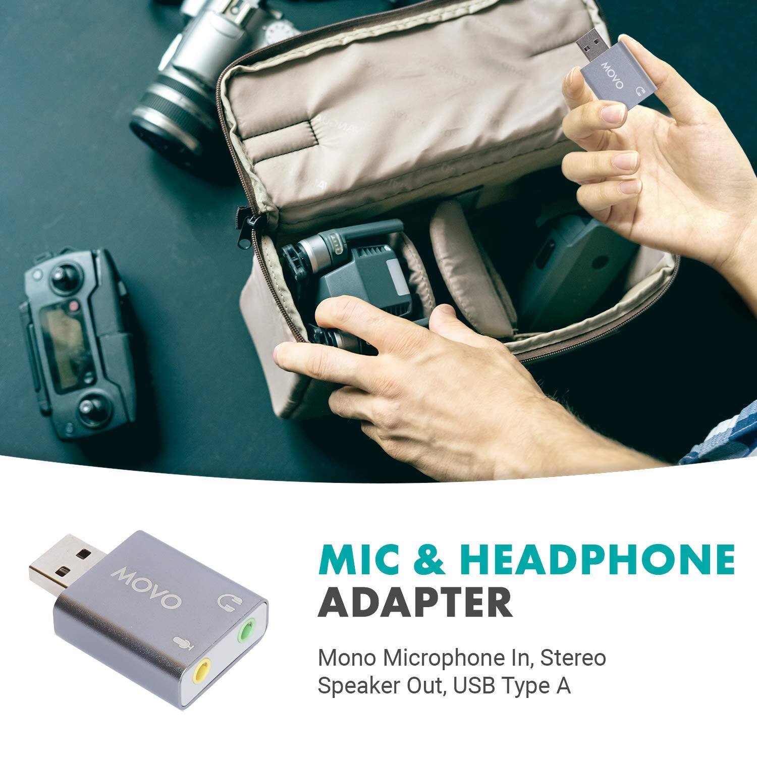 MOVO C

MIC & HEADPHONE ADAPTER

Mono Microphone In, Stereo Speaker Out, USB Type A