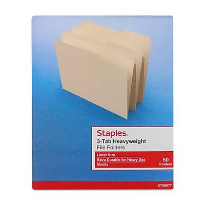 Staples  
3-Tab Heavyweight File Folders  
Letter Size  
Extra Durable for Heavy Use  
50 Manila Folders  
ST56677