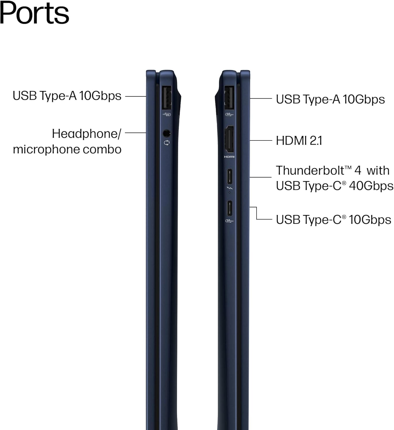 Ports

- USB Type-A 10Gbps
- Headphone/ microphone combo
- USB Type-A 10Gbps
- HDMI 2.1
- Thunderbolt™ 4 with USB Type-C® 40Gbps
- USB Type-C® 10Gbps