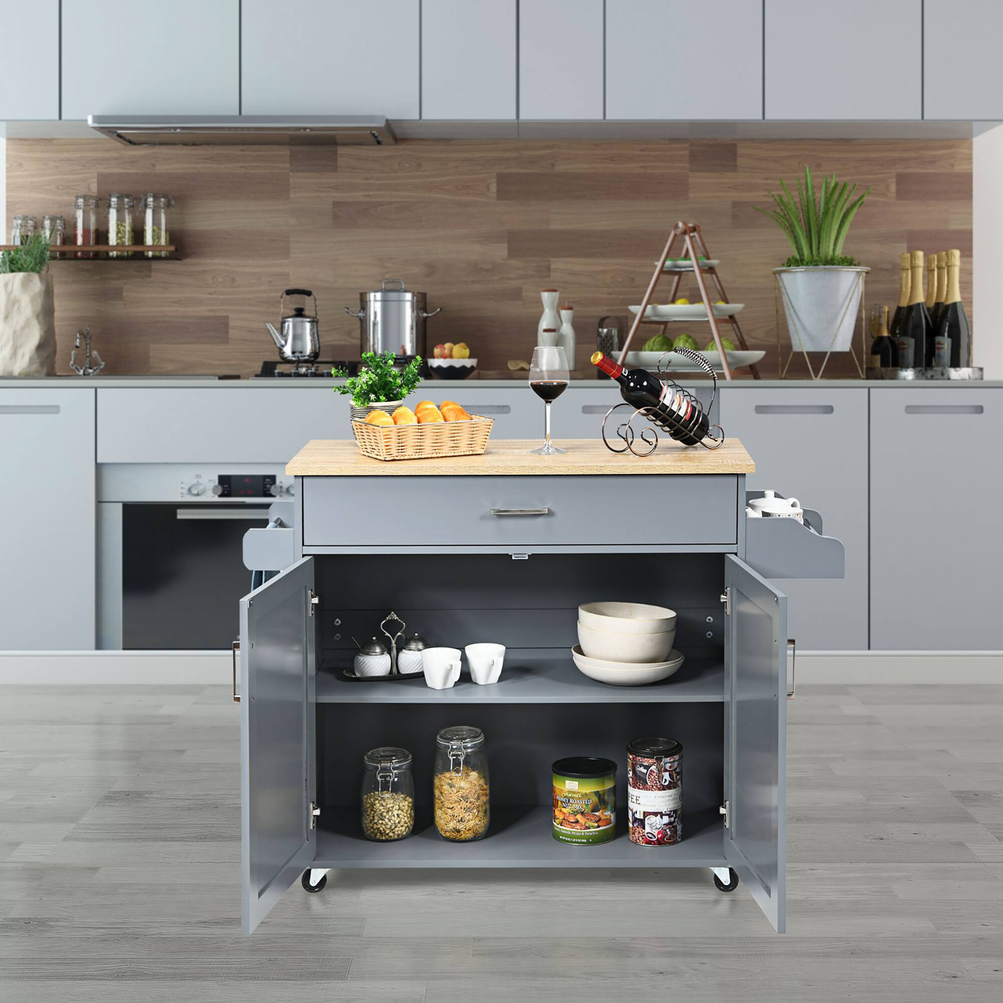 Alt View 1. Costway - Costway Rolling Kitchen Island Cart Storage Cabinet w/ Towel & Spice Rack - Gray.