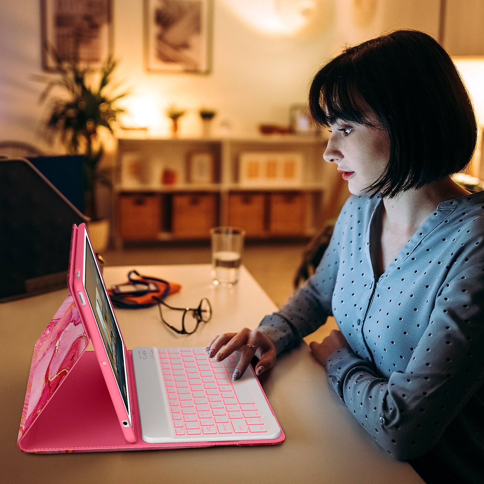 Alt View 3. DTTO - Case for iPad 10.2" (7th/8th/9th Gen) Case with Detachable Backlit Keyboard, Pencil Holder & Pocket - Watermelon Marble.