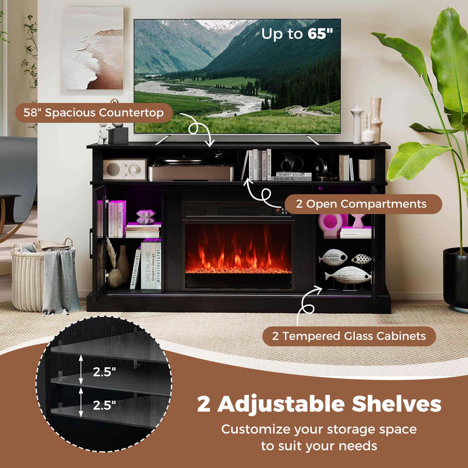 Up to 65"  
58" Spacious Countertop  
2 Open Compartments  
2 Tempered Glass Cabinets  
2 Adjustable Shelves  
Customize your storage space to suit your needs