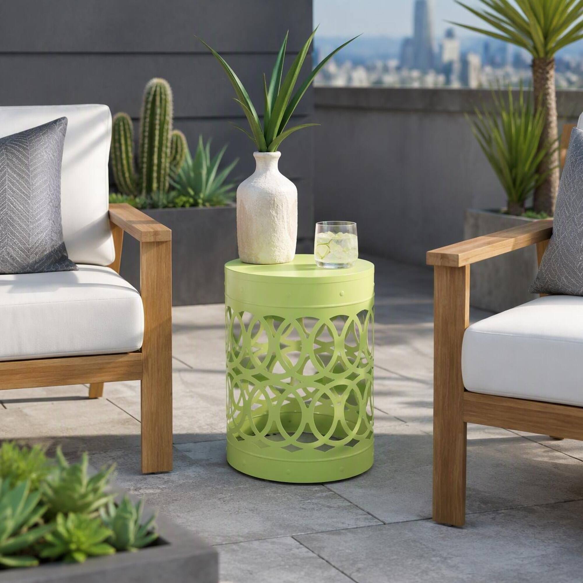 Left. RYHNUYNE - Modern Green Metal Outdoor Side Table with Decorative Design, Outdoor End Table for Patio Garden and Balcony - Green.
