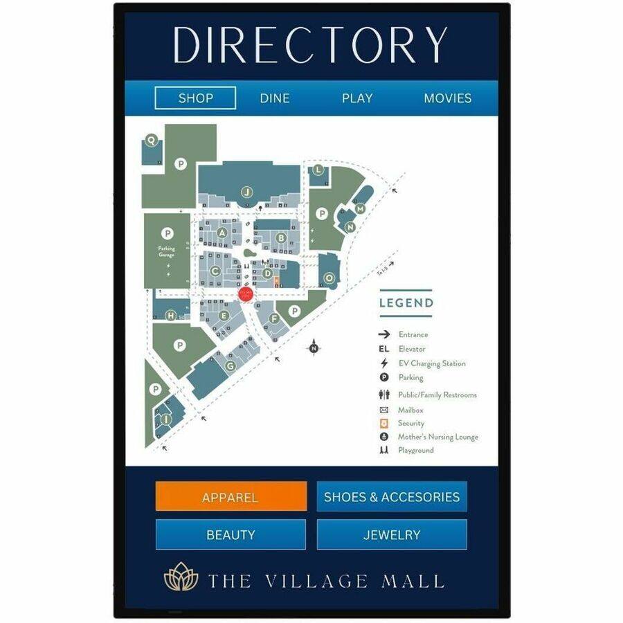 **DIRECTORY**

**SHOP** **DINE** **PLAY** **MOVIES**

---

**LEGEND**

- Entrance
- EL Elevator
- EV Charging Station
- P Parking
- Public/Family Restrooms
- Mailbox
- Security
- Mother's Nursing Lounge
- Playground

---

**APPAREL** **SHOES & ACCESSORIES**

**BEAUTY** **JEWELRY**

---

**THE VILLAGE MALL**