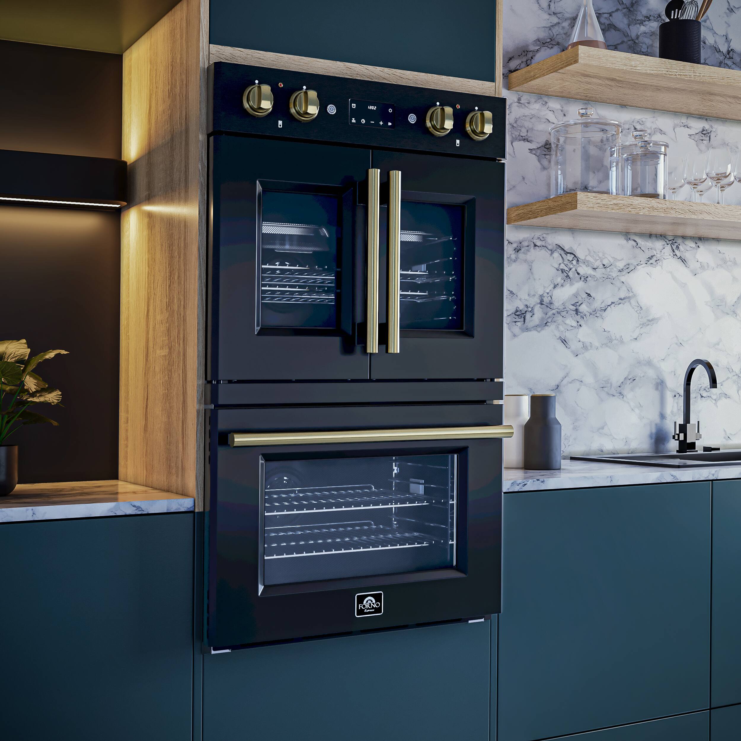 Alt View 6. Forno Appliances - Asti 7.36 Cu. Ft. Electric Double Wall Oven with Upper French Doors and Antique Brass Accents - Black.