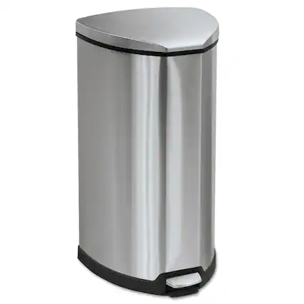 Front. Safco - REMOVE - Safco Step-On Receptacle, 10 gal, Stainless Steel, Chrome/Black.