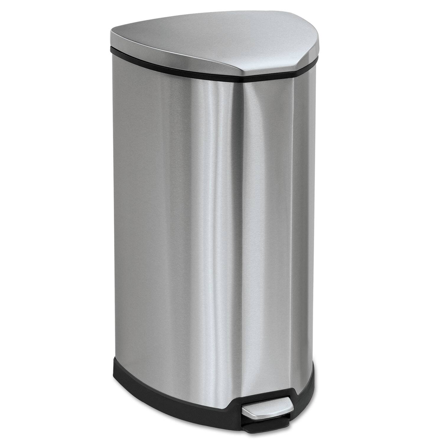 Front. Safco - REMOVE - Safco Step-On Receptacle, 10 gal, Stainless Steel, Chrome/Black.
