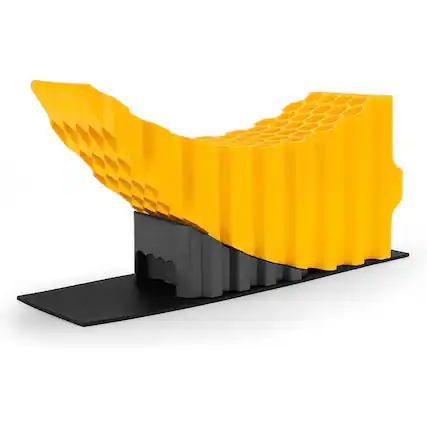 Front. Camco - Camco Curved Trailer Aid with Chock & Pad, 6.5" Lift for Tandem Trailer, Yellow - Gray/Yellow.