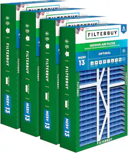 Filterbuy - 16x25x5 MERV 13 Smoke & Allergy Defense, Pleated HVAC AC Furnace Air Filters Replacement for Amana & More (4-Pack) - Blue