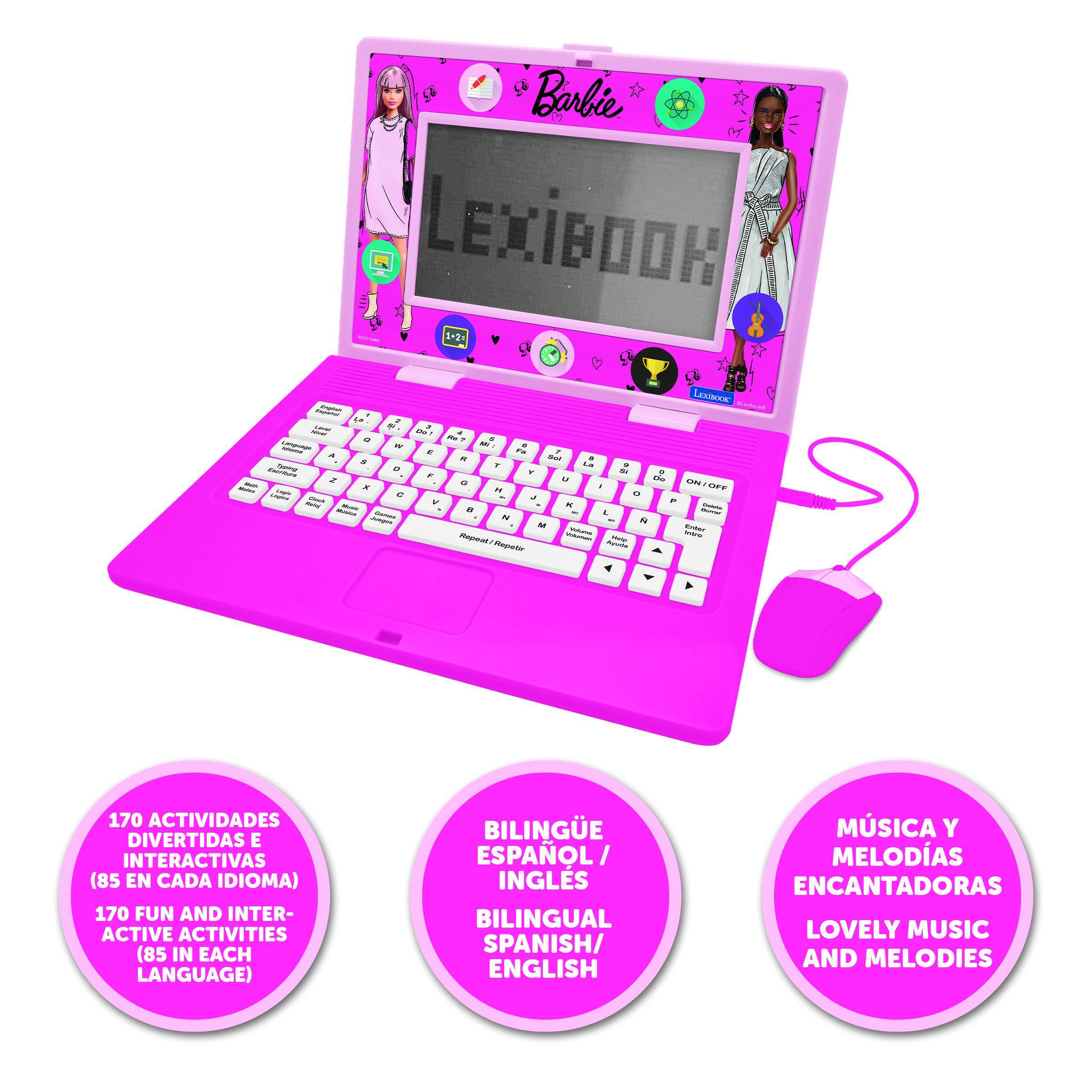 Barbie LEXIBOOK S2+  
170 ACTIVIDADES DIVERTIDAS E INTERACTIVAS (85 EN CADA IDIOMA)  
170 FUN AND INTERACTIVE ACTIVITIES (85 IN EACH LANGUAGE)  
BILINGUE ESPAÑOL/INGLÉS  
BILINGUAL SPANISH/ENGLISH  
MÚSICA Y MELODIAS ENCANTADORAS  
LOVELY MUSIC AND MELODIES