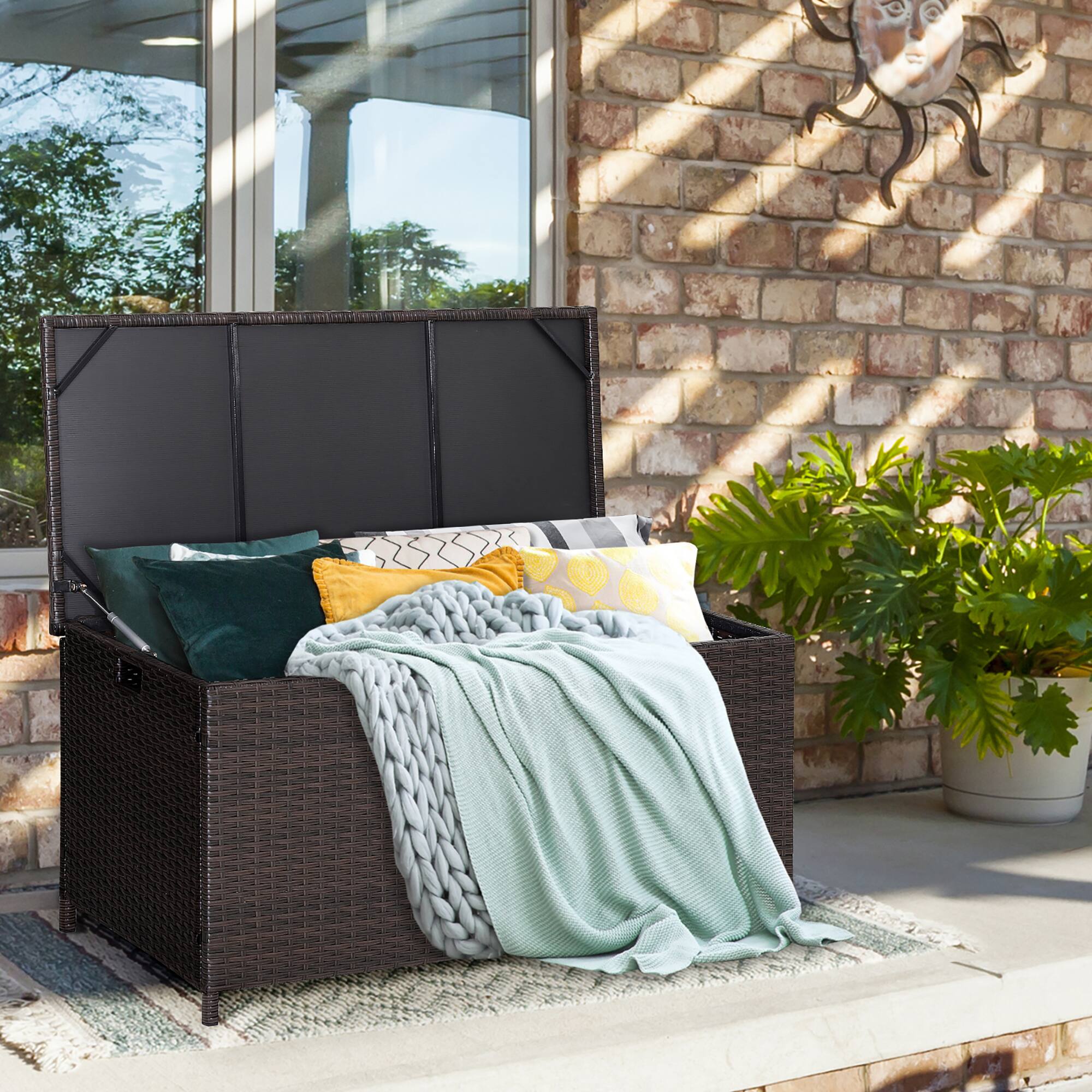 Alt View 2. Costway - Costway 50 Gallon Patio Rattan Wicker Storage Deck Box Container Wheels W/Liner - Mix Brown.