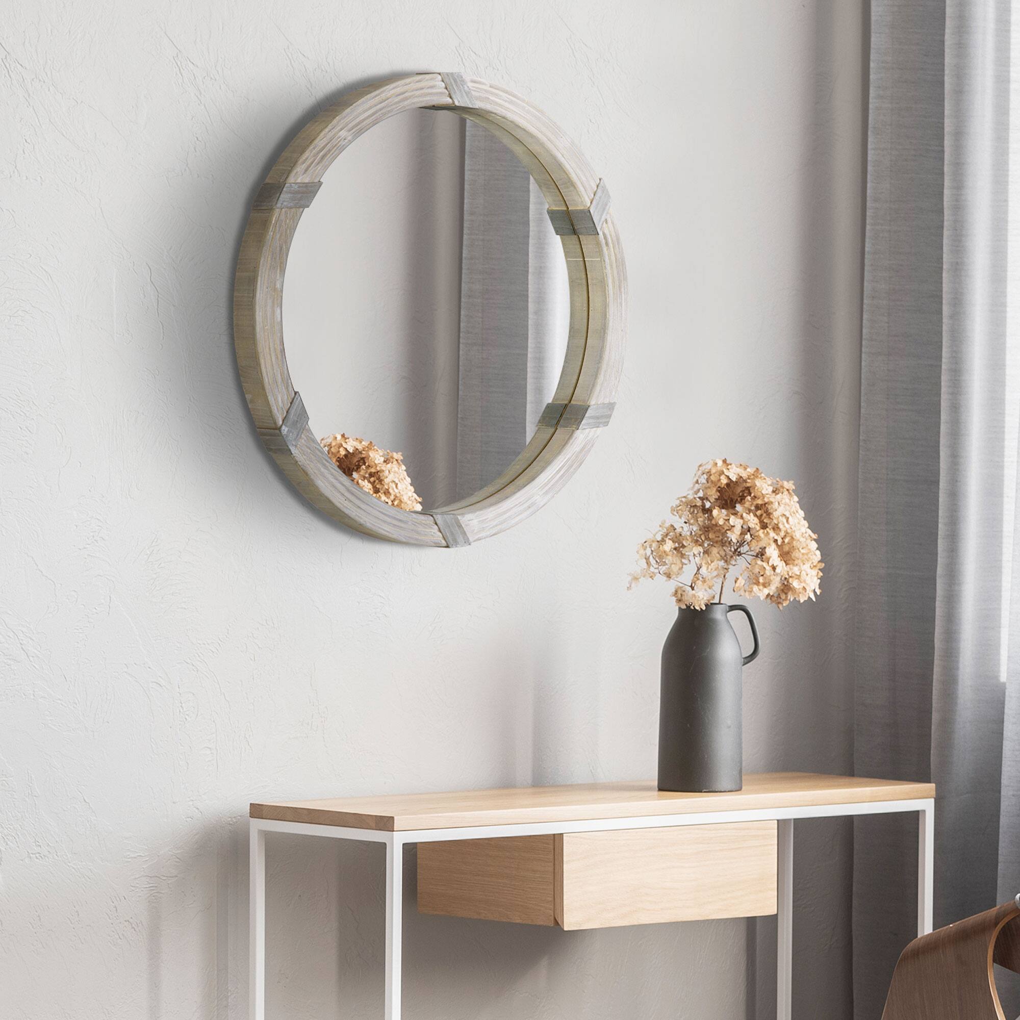 Alt View 1. Homcom - 31" Farmhouse Wall Mirror: Round Decor Living Room/Bedroom - Natural Wood.