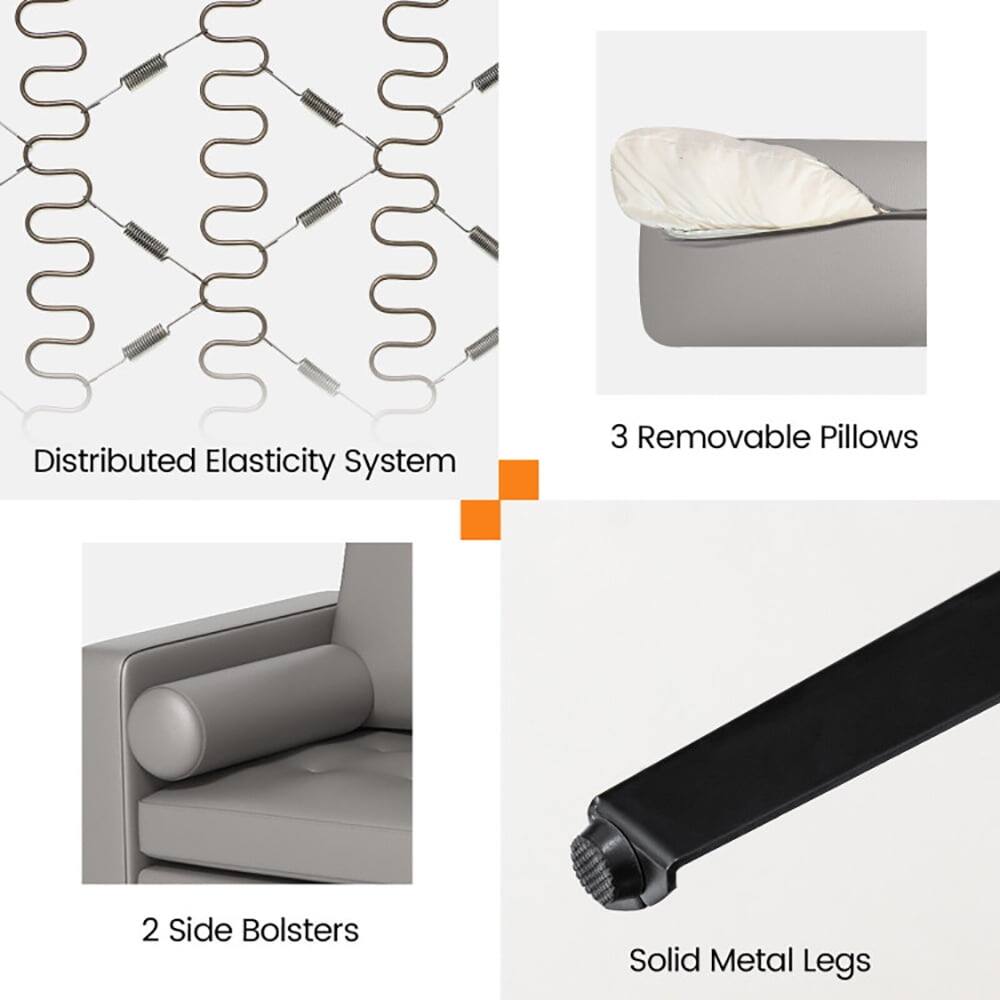 - Distributed Elasticity System
- 3 Removable Pillows
- 2 Side Bolsters
- Solid Metal Legs