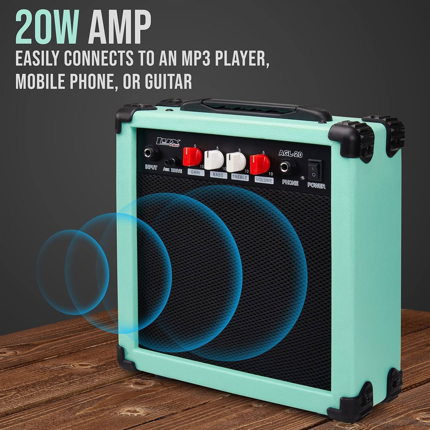20W AMP EASILY CONNECTS TO AN MP3 PLAYER, MOBILE PHONE, OR GUITAR LUX AGL-20 10 I 10 BASS 10 GAIN 10 TREBLE VOLUME PHONE POWER