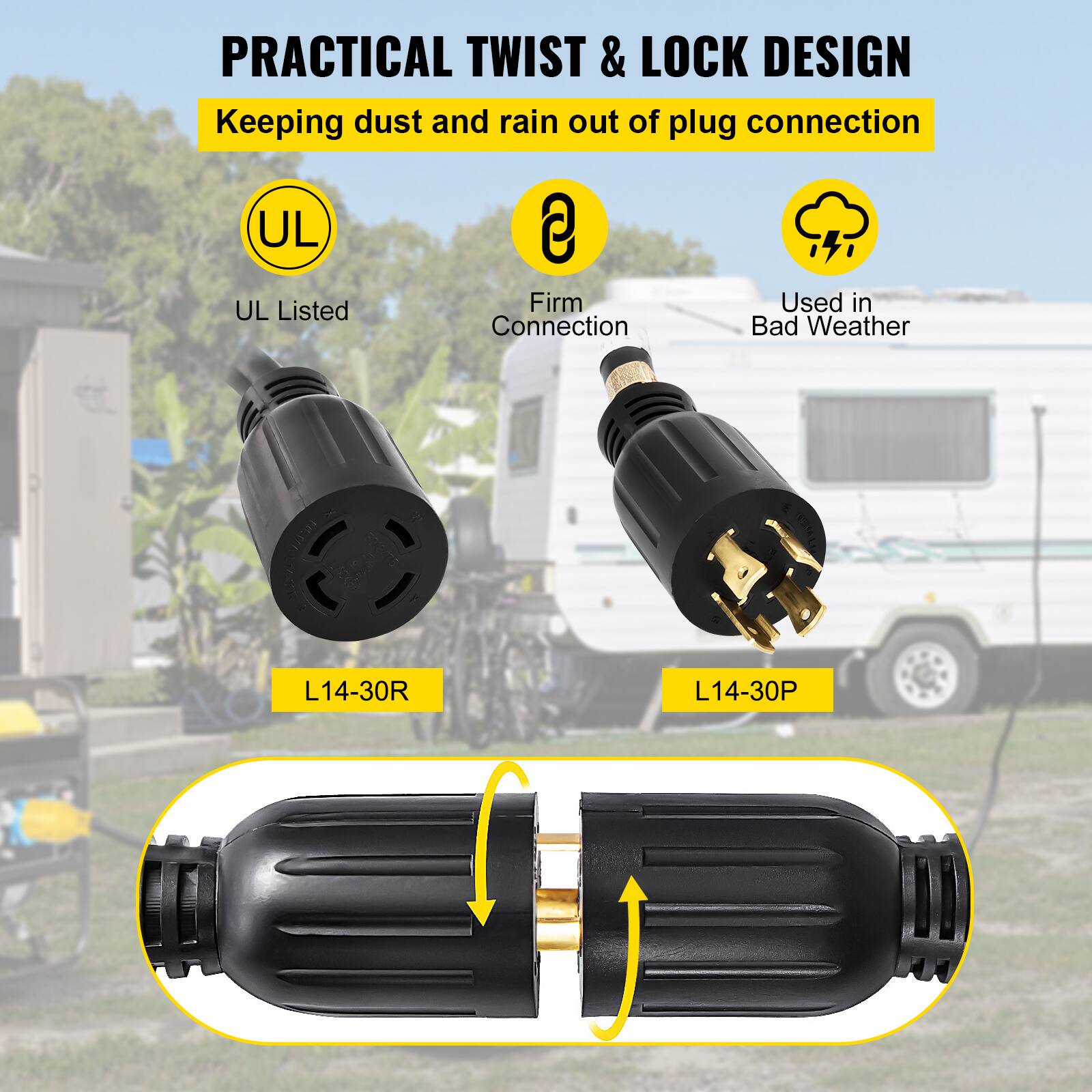 PRACTICAL TWIST & LOCK DESIGN
Keeping dust and rain out of plug connection

- UL Listed
- Firm Connection
- Used in Bad Weather

L14-30R
L14-30P