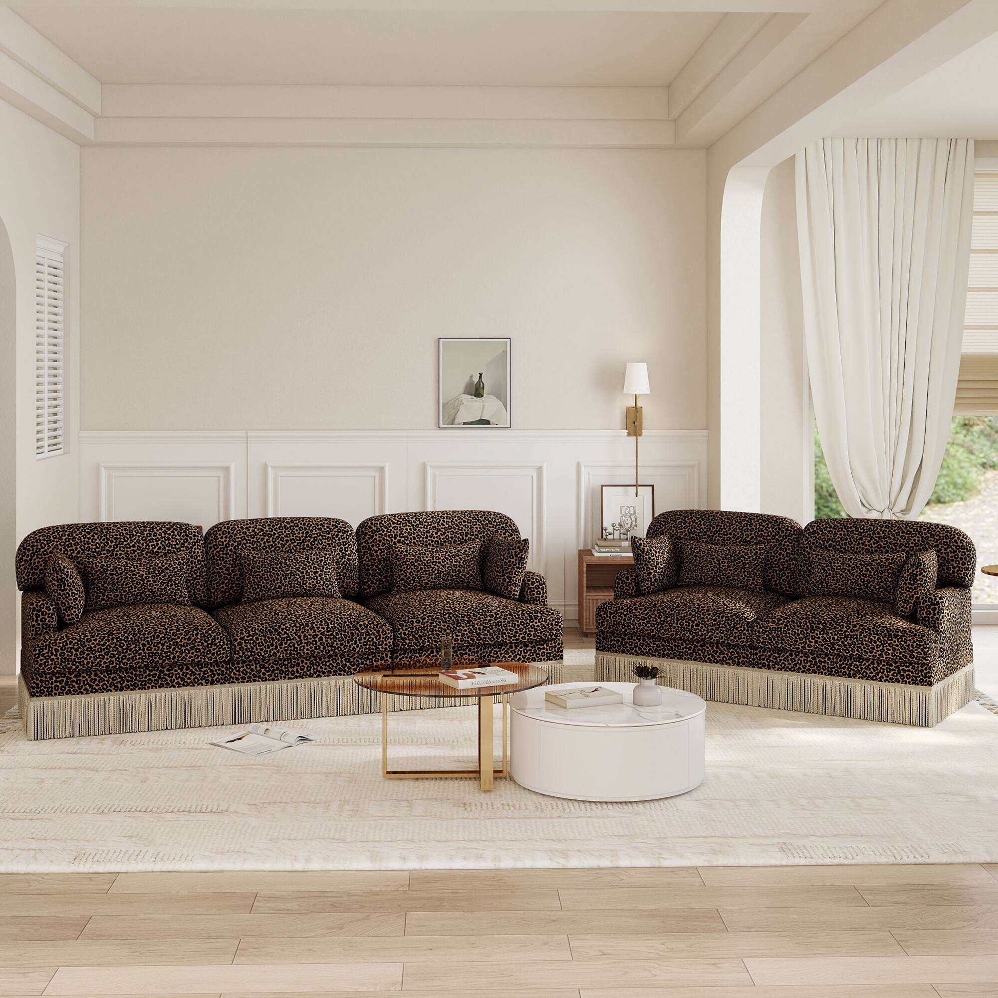 Back. Anysun - 131" Comfy Chenille Leopard Print U-Shaped Modern Fashion Sofa – Delicate Tassel Edge, Movable Ottomans, Easy Assembly - Brown.