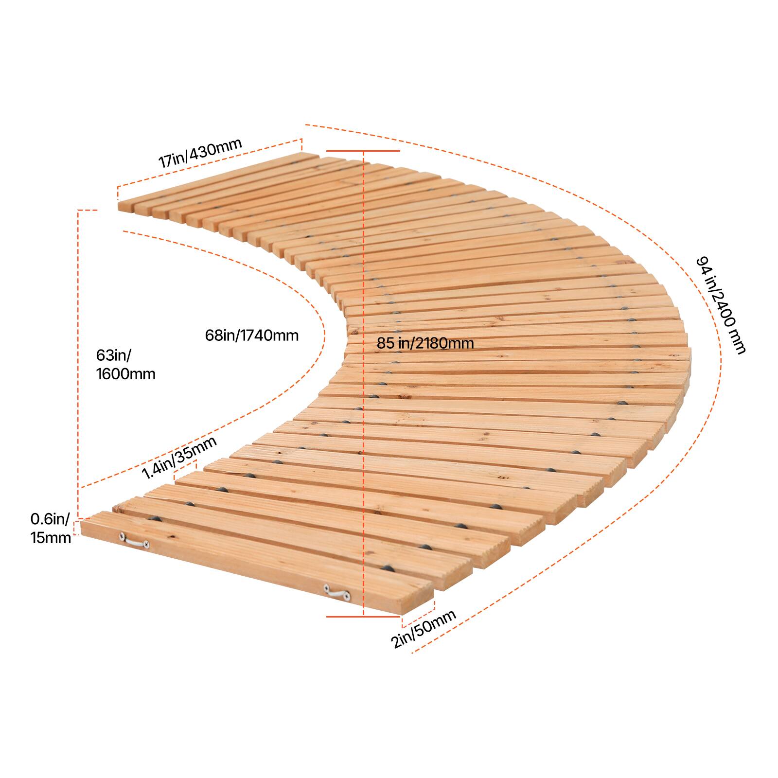 17in/430mm  
63in/1600mm  
68in/1740mm  
85in/2180mm  
94in/2400mm  
0.6in/15mm  
1.4in/35mm  
2in/50mm
