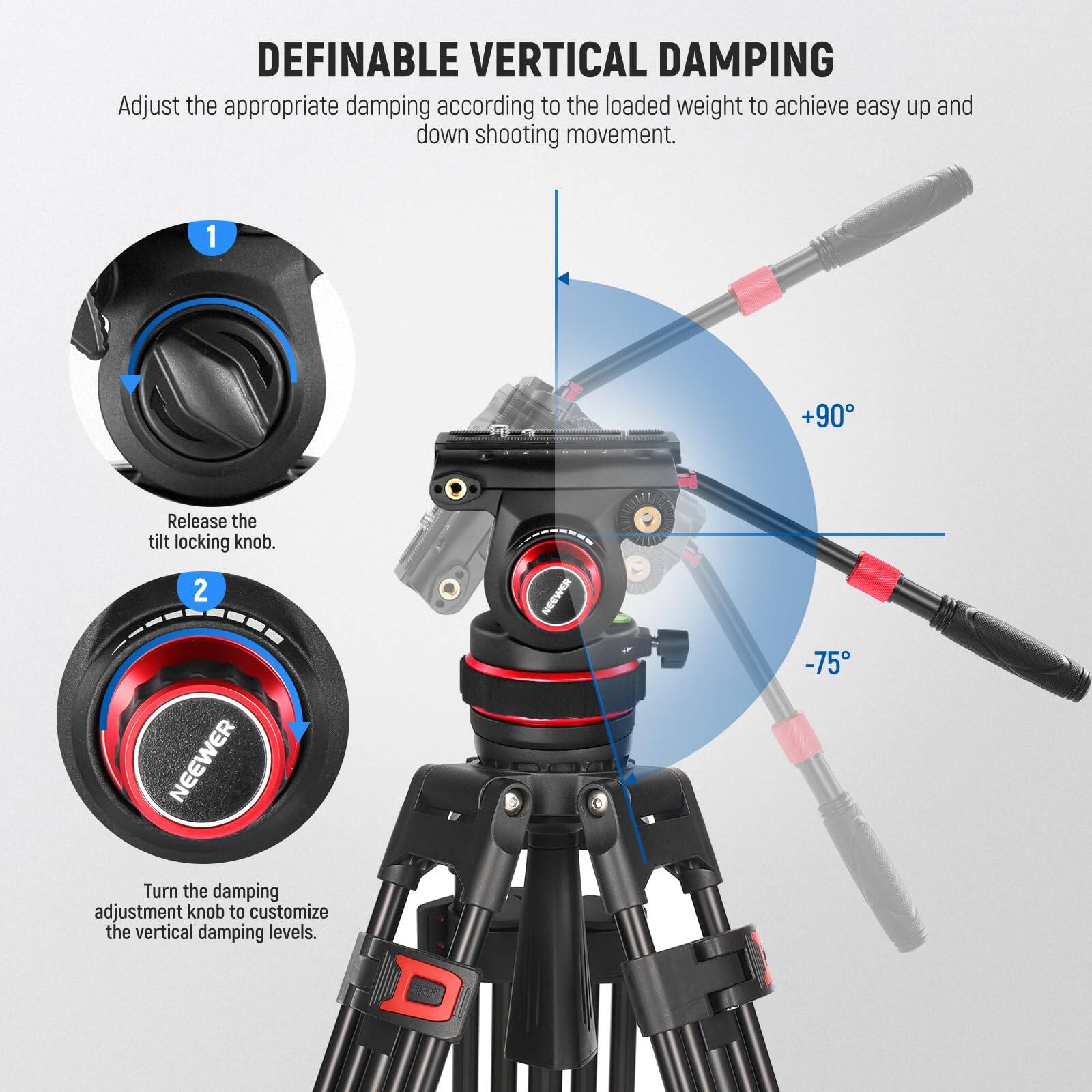 DEFINABLE VERTICAL DAMPING

Adjust the appropriate damping according to the loaded weight to achieve easy up and down shooting movement.

1. Release the tilt locking knob.
2. Turn the damping adjustment knob to customize the vertical damping levels.