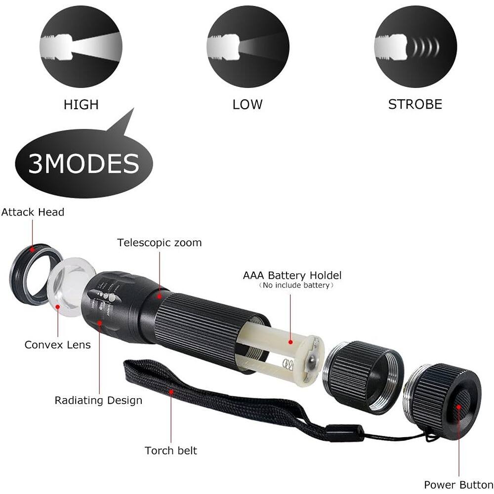 HIGH  
LOW  
STROBE  

3 MODES  

Attack Head  
Telescopic zoom  
Convex Lens  
Radiating Design  
Torch belt  
AAA Battery Holdel (No include battery)  
Power Button