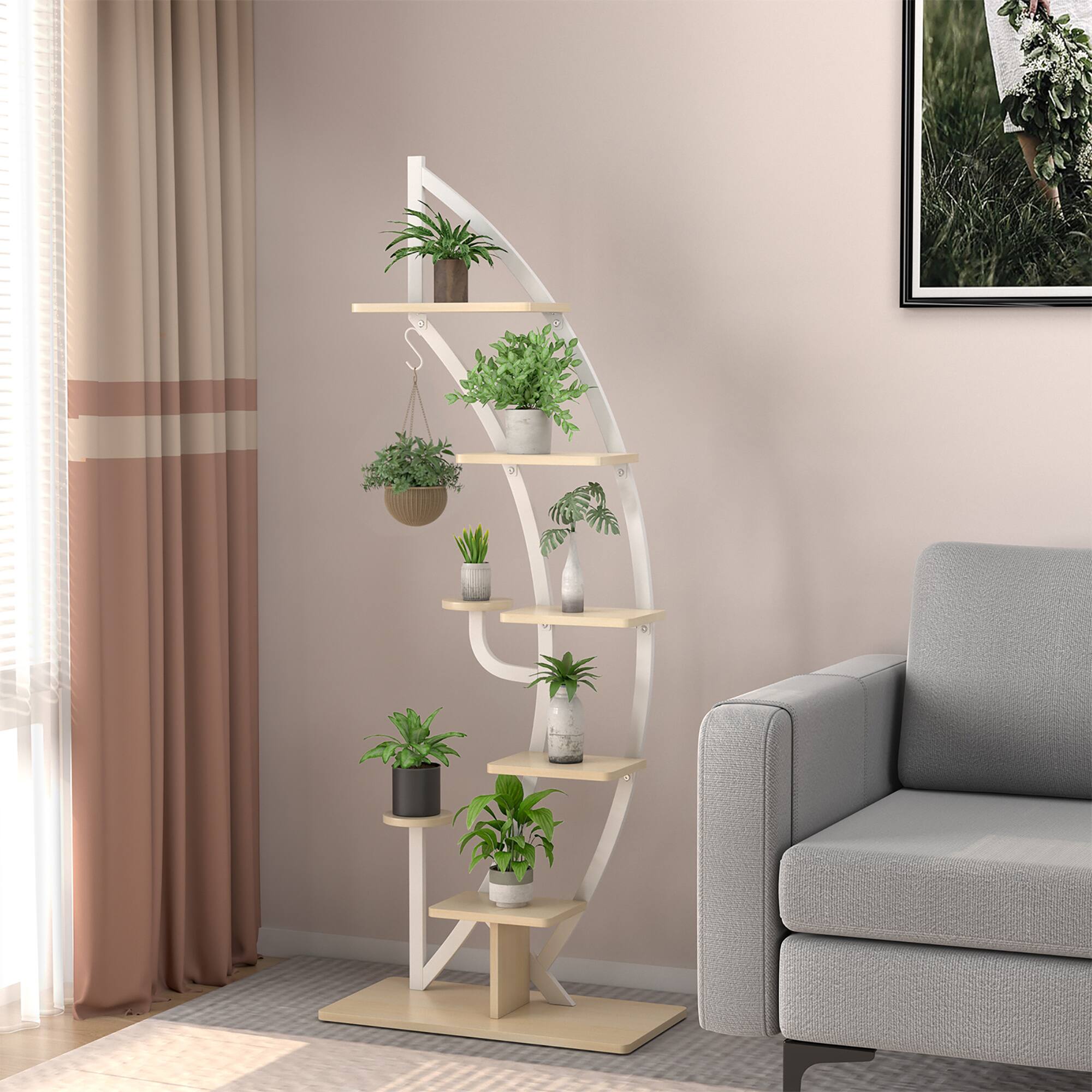 Alt View 3. Costway - Costway 6 Tier Potted Metal Plant Stand Rack Curved Stand Holder Display Shelf with Hook - Natural,White.