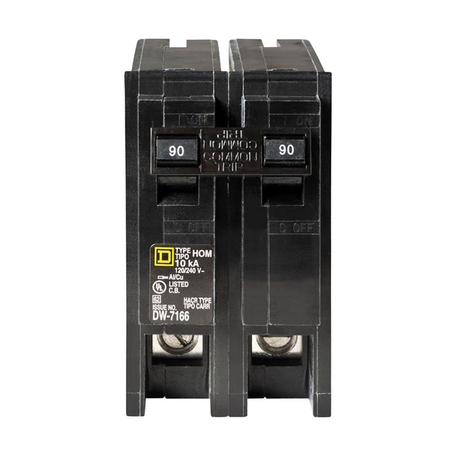 CONNOU 90 90 COMMON TRIP

Q OFF

TYPE TIPO HOM 10 kA 120/240 VACu VL LISTED .. 62 HACR TYPE ISSUE NO. TIPO CARR DW-7166