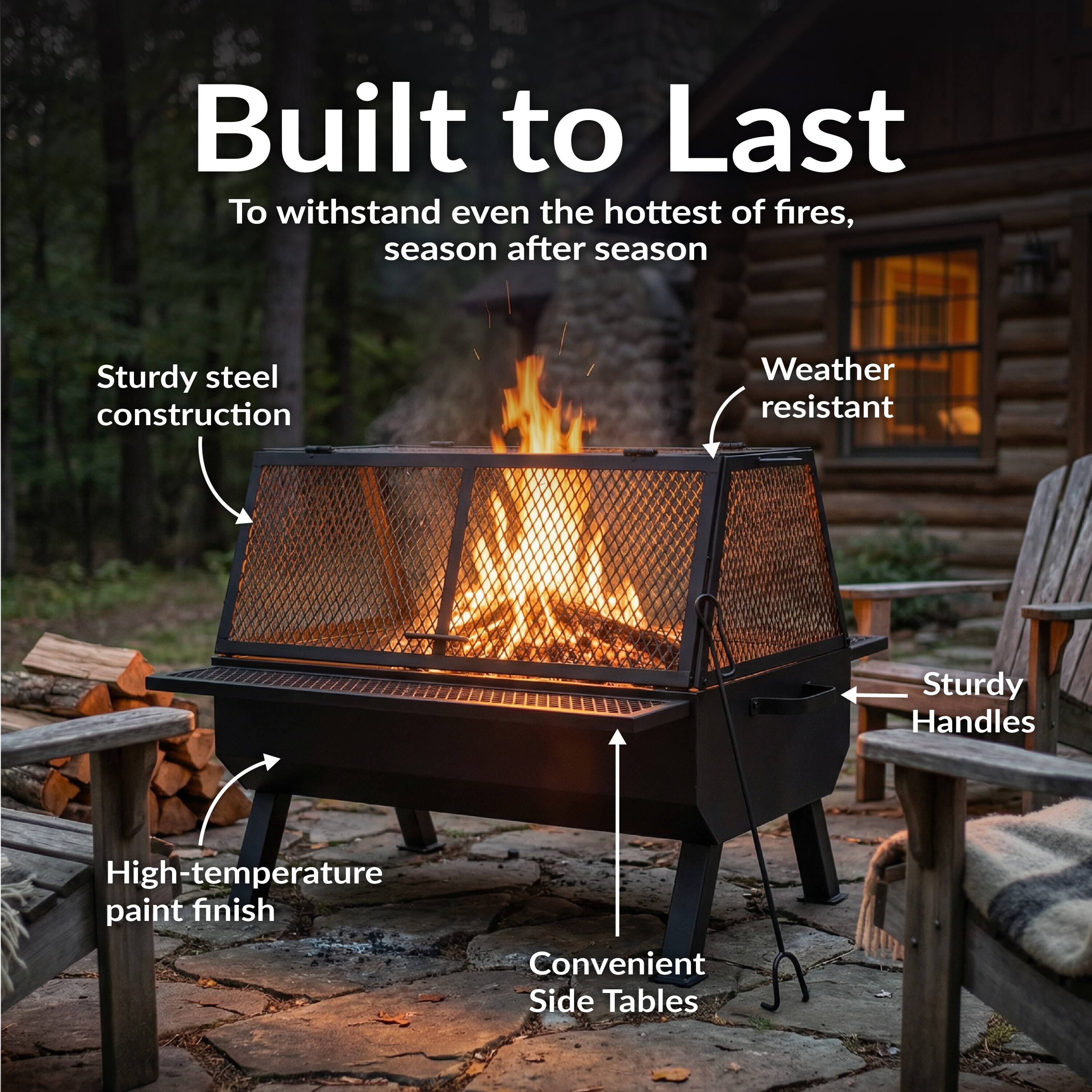 Built to Last  
To withstand even the hottest of fires, season after season  

- Sturdy steel construction  
- Weather resistant  
- High-temperature paint finish  
- Sturdy Handles  
- Convenient Side Tables