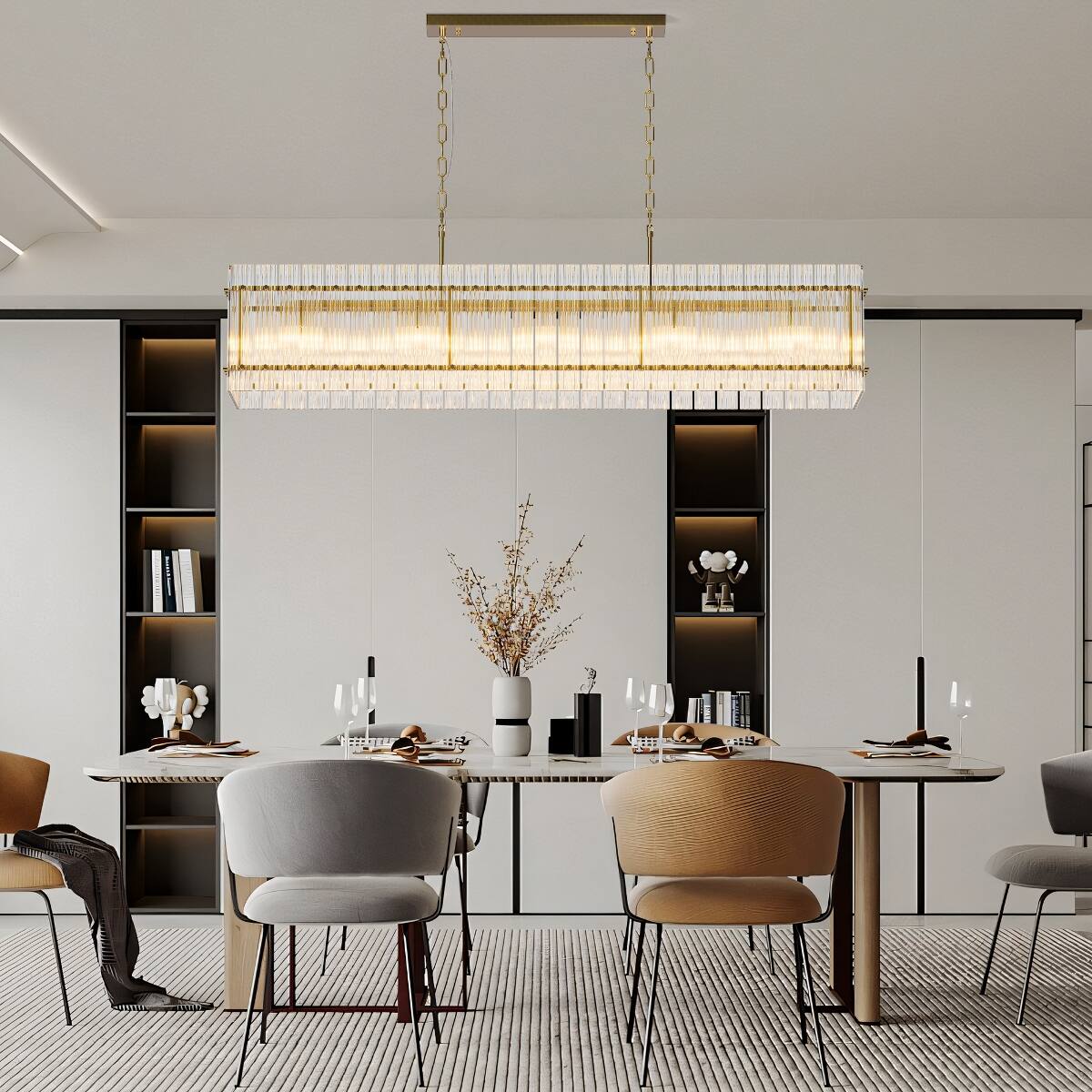 Front. Loheer - Loheer Modern Gold Rectangular Chandelier Crystal Glass Pendant Light with Ten LED Lights for Dining Room.