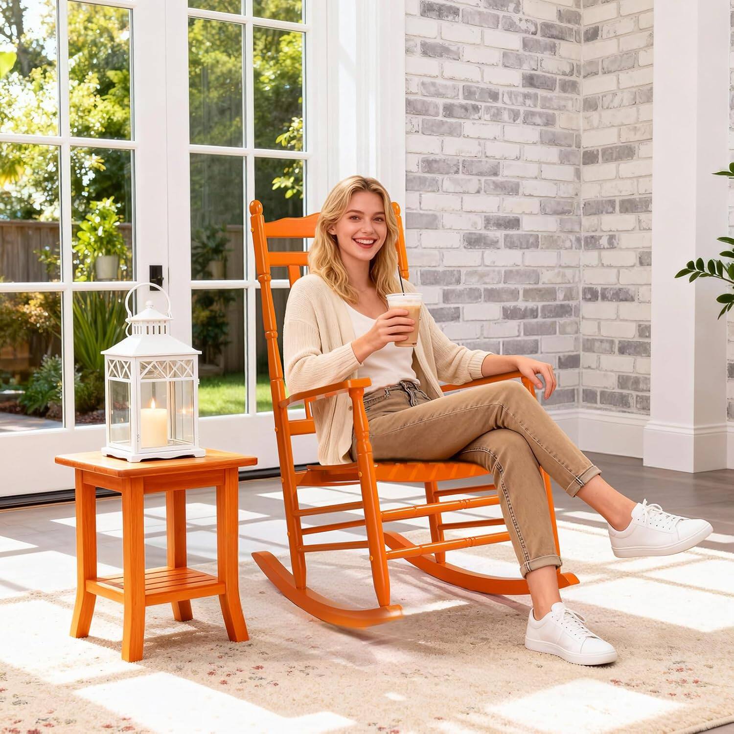 Alt View 8. Winado - 1PC Wooden Rocking Chair, Relaxing Rocker with High Back Seat Reclining Seat for Garden Backyard Porch Indoor Outdoor - Orange.