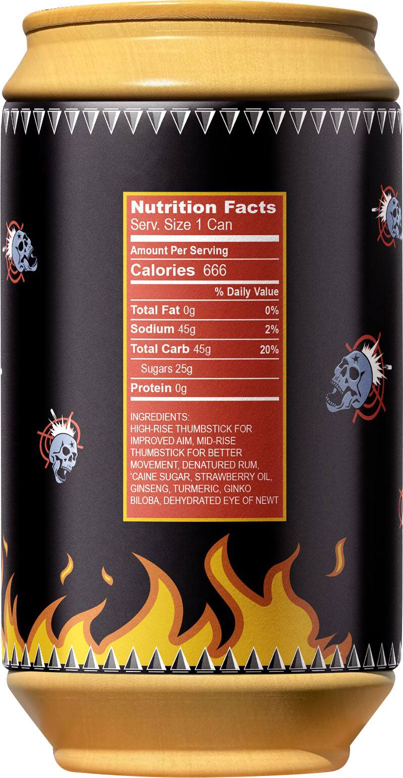 Nutrition Facts Serv. Size 1 Can Amount Per Serving Calories 666 % Daily Value Total Fat 0g 0% Sodium 45g 2% Total Carb 45g 20% Sugars 25g Protein 0g INGREDIENTS HIGH-RISE THUMBSTICK FOR IMPROVED AIM MID-RISE THUMBSTICK FOR BETTER MOVEMENT DENATURED RU CAINE SUGAR STRAWBERRY OAT GINSENG TURMERIC GINGKO BILOBA DEHYDRATED TEA OF NEWTO