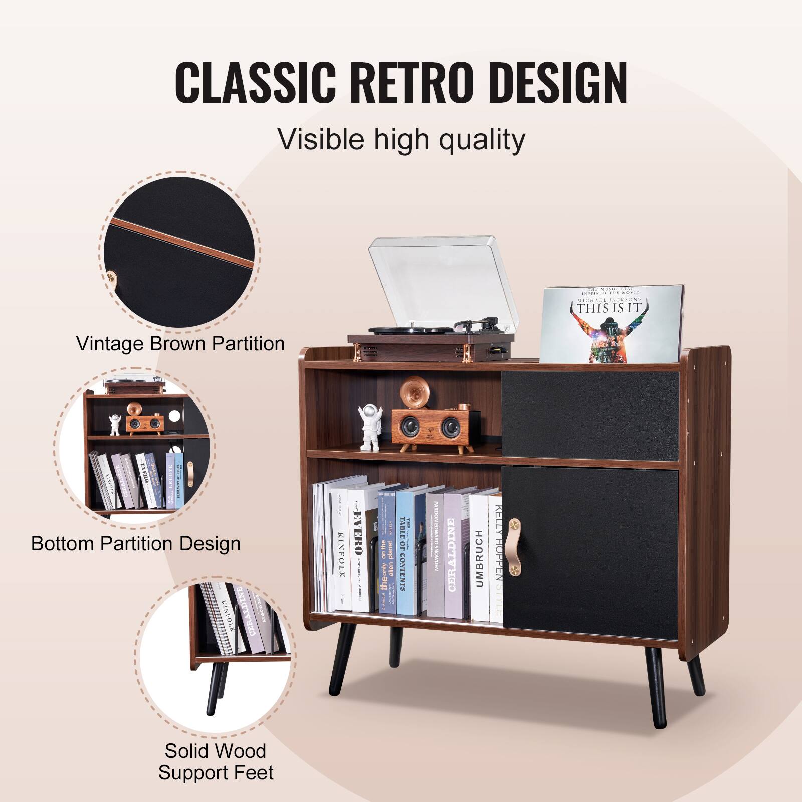 CLASSIC RETRO DESIGN  
Visible high quality  

Vintage Brown Partition  
Bottom Partition Design  
Solid Wood Support Feet