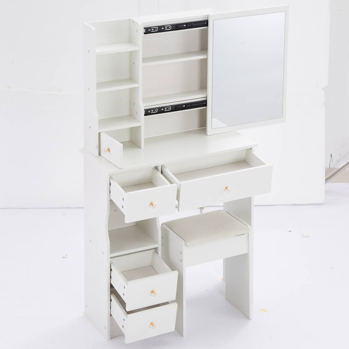 Alt View 7. Loheer - Loheer Small Space Vanity Table with Padded Stool, White MDF, Sliding Mirror and Multi Layer Storage - White.