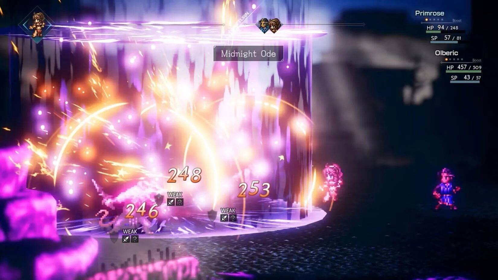 TURN

Primrose Boost
HP 94 / 248
SP 57 / 81

Midnight Ode

Olberic Boost
HP 457 / 509
SP 43 / 57

248 WEAK
246 WEAK
253 WEAK