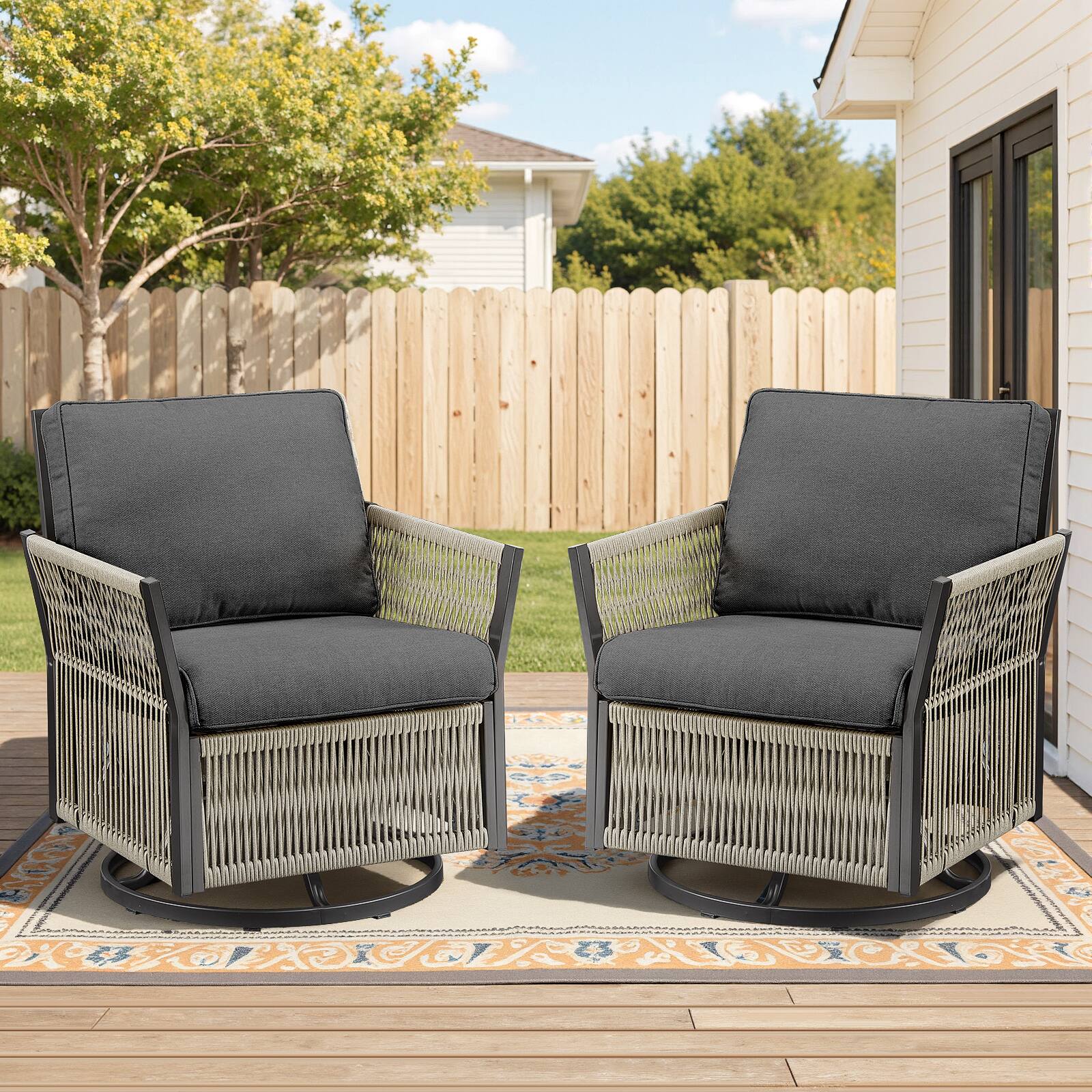 Angle. Mondawe - Set of 2 Outdoor Wicker Swivel Rocker Patio Chairs - Gray.