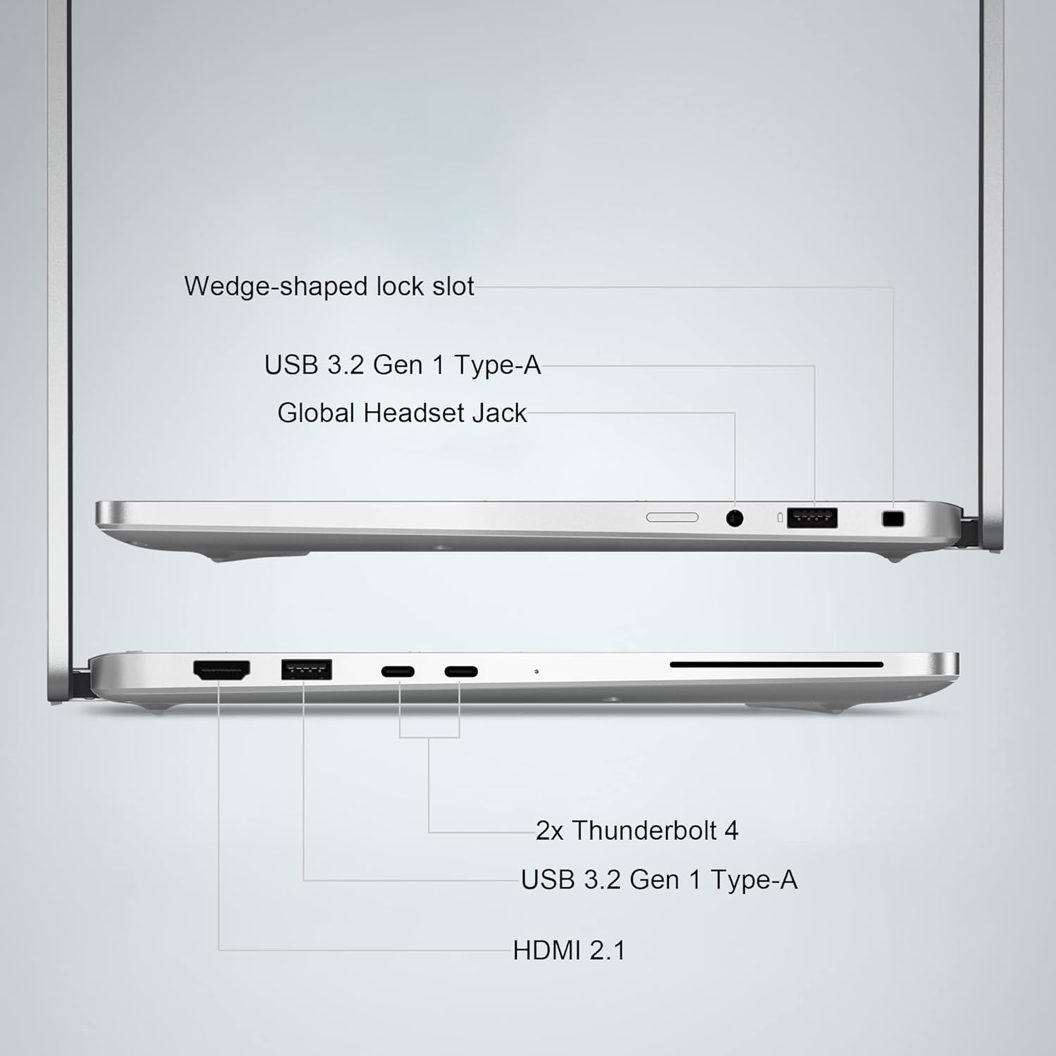 Wedge-shaped lock slot

USB 3.2 Gen 1 Type-A  
Global Headset Jack

2x Thunderbolt 4  
USB 3.2 Gen 1 Type-A  
HDMI 2.1